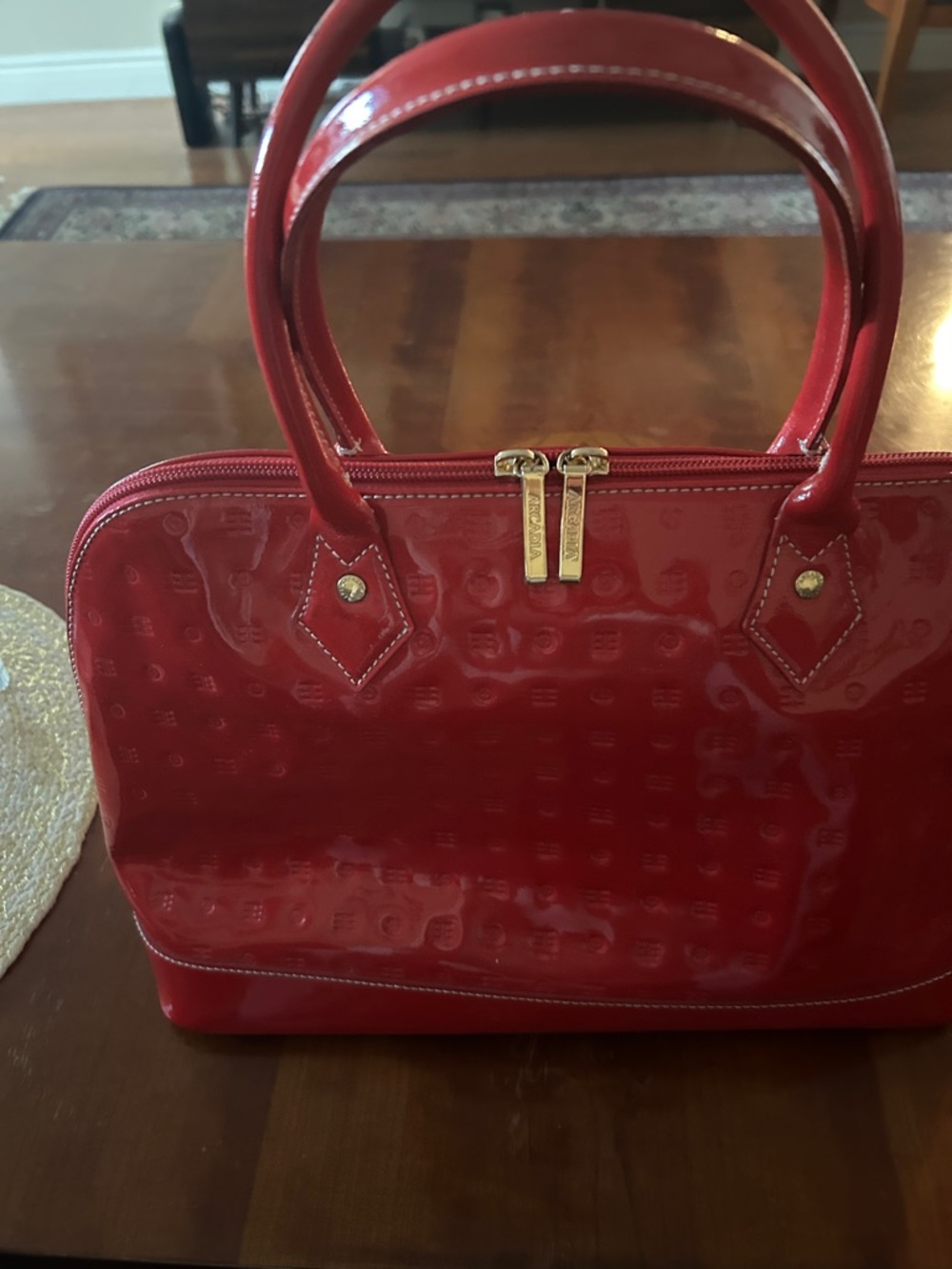 Arcadia Red Patent Leather Satchel with Gold Hardware
